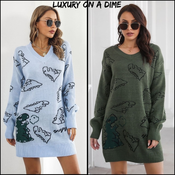 Dinosaur Knit Sweater Dress Round Neck Playful Long Sleeve Oversized Mini Blue - Picture 8 of 8